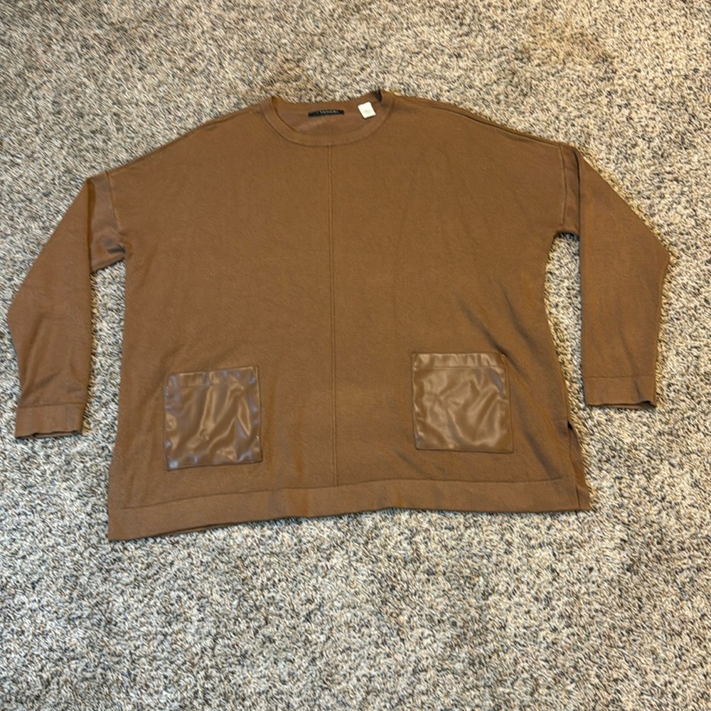 Tahari long sleeve top, faux leather pockets